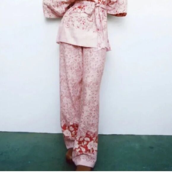 NWT ZARA BARBIE PINK WIDE-LEG PRINTED LINEN BLEND TROUSERS SizeXS - Picture 3 of 13